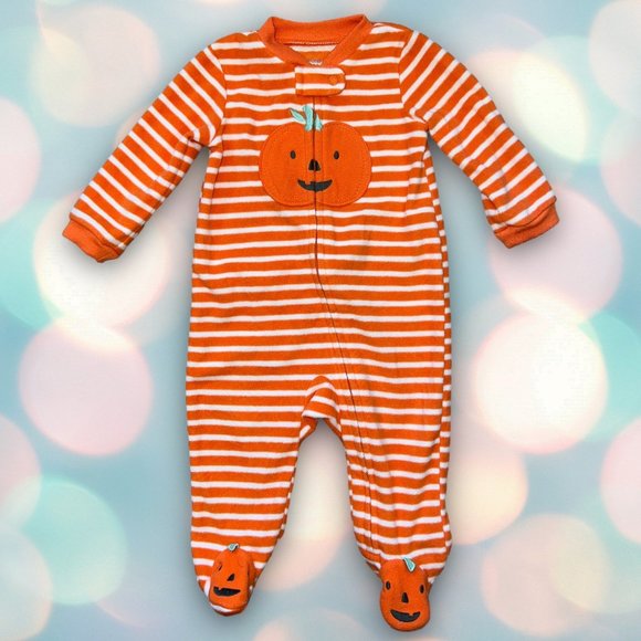 Carter’s Halloween Pumpkin Fleece Sleeper Footie Pajamas Size 6 Months - Picture 1 of 3